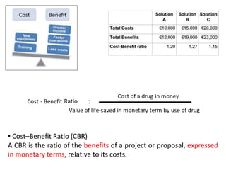 • Cost–Benefit Ratio (CBR)
A CBR is the ratio of the benefits of a project or proposal, expressed
in monetary terms, relative to its costs.
 