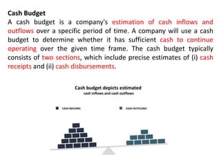 Cash Budget
A cash budget is a company's estimation of cash inflows and
outflows over a specific period of time. A company will use a cash
budget to determine whether it has sufficient cash to continue
operating over the given time frame. The cash budget typically
consists of two sections, which include precise estimates of (i) cash
receipts and (ii) cash disbursements.
 