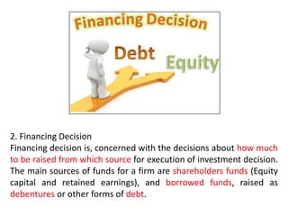 2. Financing Decision
Financing decision is, concerned with the decisions about how much
to be raised from which source for execution of investment decision.
The main sources of funds for a firm are shareholders funds (Equity
capital and retained earnings), and borrowed funds, raised as
debentures or other forms of debt.
 