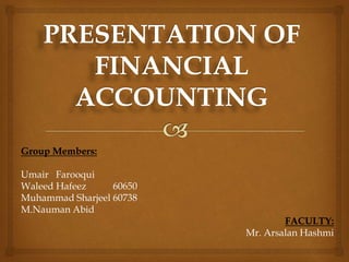 Group Members:
Umair Farooqui
Waleed Hafeez 60650
Muhammad Sharjeel 60738
M.Nauman Abid
FACULTY:
Mr. Arsalan Hashmi
 