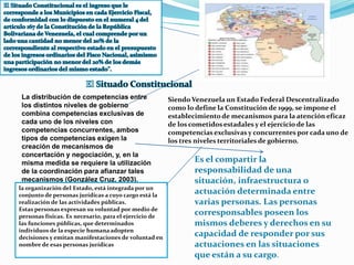 Siendo Venezuela un Estado Federal Descentralizado
como lo define la Constitución de 1999, se impone el
establecimiento de mecanismos para la atención eficaz
de los cometidos estadales y el ejercicio de las
competencias exclusivas y concurrentes por cada uno de
los tres niveles territoriales de gobierno.
La distribución de competencias entre
los distintos niveles de gobierno
combina competencias exclusivas de
cada uno de los niveles con
competencias concurrentes, ambos
tipos de competencias exigen la
creación de mecanismos de
concertación y negociación, y, en la
misma medida se requiere la utilización
de la coordinación para afianzar tales
mecanismos (González Cruz, 2003).
Es el compartir la
responsabilidad de una
situación, infraestructura o
actuación determinada entre
varias personas. Las personas
corresponsables poseen los
mismos deberes y derechos en su
capacidad de responder por sus
actuaciones en las situaciones
que están a su cargo.
la organización del Estado, está integrada por un
conjunto de personas jurídicas a cuyo cargo está la
realización de las actividades públicas.
Estas personas expresan su voluntad por medio de
personas físicas. Es necesario, para el ejercicio de
las funciones públicas, que determinados
individuos de la especie humana adopten
decisiones y emitan manifestaciones de voluntad en
nombre de esas personas jurídicas
 