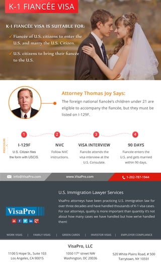 K-1 FIANCÉE VISA 
. . . . . . . . . . 
1 2 3 4 
info@VisaPro.com www.VisaPro.com 1-202-787-1944 
VisaPro, LLC 
1050 17th street NW 
Washington, DC 20036 
520 White Plains Road, # 500 
Tarrytown, NY 10591 
1100 S Hope St., Suite 103 
Los Angeles, CA 90015 
U.S. Immigration Lawyer Services 
VisaPro attorneys have been practicing U.S. immigration law for 
over three decades and have handled thousands of K-1 visa cases. 
For our attorneys, quality is more important than quantity it’s not 
about how many cases we have handled but how we’ve handled 
them! 
WORK VISAS | FAMILY VISAS | GREEN CARDS | INVESTOR VISAS | EMPLOYER COMPLIANCE 

