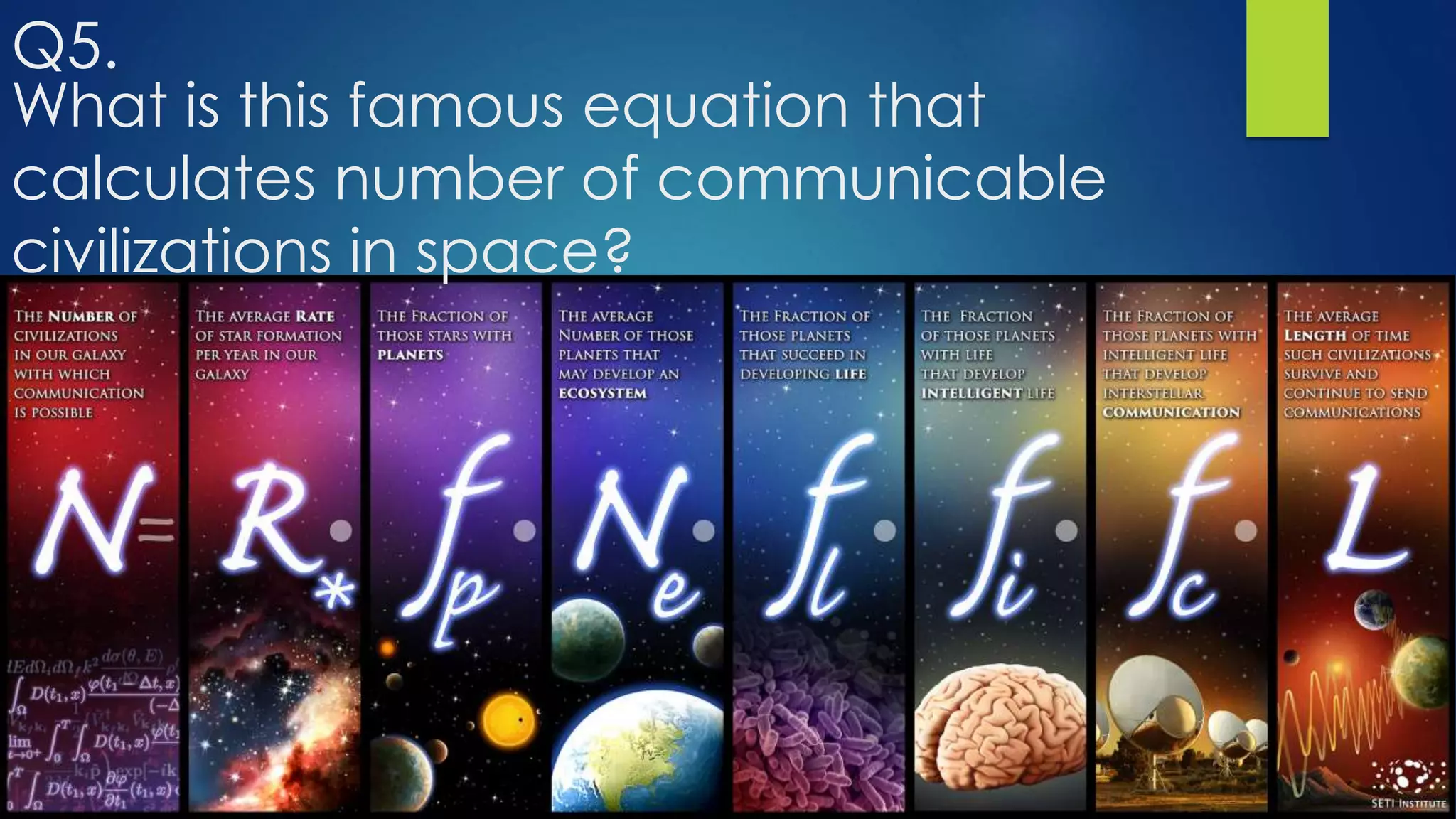 What is this famous equation that
calculates number of communicable
civilizations in space?
Q5.
 