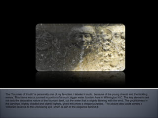 “ Fountain of Youth” The “Fountain of Youth” is personally one of my favorites. I labeled it such , because of the young cherub and the trickling waters. This frame was a zoomed in portion of a much bigger water fountain here in Wilmington N.C. The key elements are not only the decorative nature of the fountain itself, but the water that is slightly blowing with the wind. The youthfulness in the carvings, slightly shaded and slightly lighted, gives this photo a elegant purpose.  The picture also could portray a Victorian essence to the unknowing eye  which is part of the elegance behind it.  