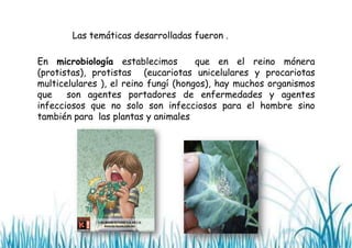 Las temáticas desarrolladas fueron .
En microbiología establecimos
que en el reino mónera
(protistas), protistas (eucariotas unicelulares y procariotas
multicelulares ), el reino fungí (hongos), hay muchos organismos
que
son agentes portadores de enfermedades y agentes
infecciosos que no solo son infecciosos para el hombre sino
también para las plantas y animales

 