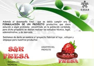 Además el desempeño final
que se debía cumplir era la
FORMULACIÓN DE UN PROYECTO productivo que diera
solución a algún problema encontrado en la población cordobés,
para dicho propósito se debían realizar los estudios técnico, legal,
administrativo, y de mercado.
D
Debíamos de darle un nombre a l proyecto fabricar el logo , eslogan y
D
empaque para nuestros productos
D
LOGOTIPO DEL
PROYECTO

NOMBRE DEL
PROYECTO

D
D
D
D
D

 