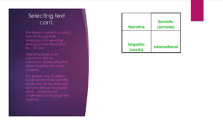 Selecting text
cont.
• The literacy matrix is a useful
tool for thoughtfully
analyzing and selecting
texts (Laureate Education
Inc., 2015a).
• Selecting books is an
important task for
educators, books bring the
lesson together for many
students.
• The proper way to select
books are to make sure the
books are not too easy but
not very difficult for reader
either. Books should
challenge and engage the
students.
 