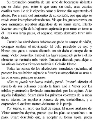 Su respiración constaba de una serie de bocanadas sibilantes
que se abrían paso entre lo que eran, sin duda, unas cuantas
costillas rotas. Le dolía el pecho como si llevase días aguantando el
aliento. Por encima del tamborileo de su corazón, oyó que algo se
movía entre los espinos circundantes. Vio que las gruesas zarzas, en
esos momentos, reptaban alejándose de su forma inerte. Intentó
levantar una mejilla de la hojarasca aplastada para mirar en torno a
él. Tras una larga pausa, el segundo intento demostró tener más
éxito.
     Cuando los alrededores hubieron ocupado su campo de visión,
consiguió localizar el movimiento. El bulto pincelado de rojo y
blanco que yacía a escasa distancia era sin duda el cuerpo de su
amigo Víctor Svorenko. Inmóvil. La figura agazapada junto a él, no
obstante, se mostraba más motriz. Tanteaba distraída para alejar a
los últimos insectos aferrados todavía al Colmillo Blanco.
     Todas las zarzas de los alrededores inmediatos (incluidas, al
parecer, las que habían sujetado a Stuart) se atropellaban las unas a
las otras en su prisa por retirarse.
     «Eso no puede ser buena señal», pensó. Procuró silenciar el
resuello de sus pulmones cuando la figura asió a Víctor por los
tobillos y comenzó a llevárselo, arrastrándolo por las espinas. Ante
aquella indignidad, Stuart sintió los primeros coletazos de la rabia
en su interior. Le impulsó a ponerse de pie, trastabillando, y a
emprender el vacilante rastreo del rastro de la pareja.
     Por suerte, el rastro era fácil de seguir. El nuevo asaltante de
Víctor avanzaba deprisa, puesto que las púas se apartaban a su
paso. Stuart descubrió que, al adoptar su forma lupina, podía
 