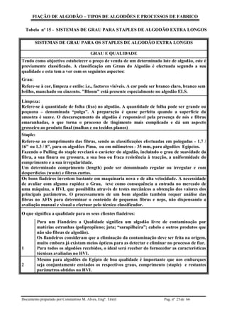 FIAÇÃO DE ALGODÃO – TIPOS DE ALGODÕES E PROCESSOS DE FABRICO
Documento preparado por Constantino M. Alves, Engº. Têxtil Pag. nº de 6625
Tabela nº 15 - SISTEMAS DE GRAU PARA STAPLES DE ALGODÃO EXTRA LONGOS
SISTEMAS DE GRAU PARA OS STAPLES DE ALGODÃO EXTRA LONGOS
GRAU E QUALIDADE
Tendo como objectivo estabelecer o preço de venda de um determinado lote de algodão, este é
previamente classificado. A classificação em Graus do Algodão é efectuada segundo a sua
qualidade e esta tem a ver com os seguintes aspectos:
Grau:
Refere-se à cor, limpeza e estilo: i.e., factores visíveis. A cor pode ser branco claro, branco sem
brilho, manchado ou cinzento. "Bloom" está presente especialmente no algodão ELS.
Limpeza:
Refere-se à quantidade de folha (lixo) no algodão. A quantidade de folha pode ser grande ou
pequena – denominada “pulga”. A preparação é quase perfeita quando a superfície da
amostra é suave. O descaroçamento do algodão é responsável pela presença de nós e fibras
emaranhadas, o que torna o processo de tingimento mais complicado e dá um aspecto
grosseiro ao produto final (malhas e ou tecidos planos)
Staple:
Refere-se ao comprimento das fibras, sendo as classificações efectuadas em polegadas - 1.7 /
16" ou 1.3 / 8", para os algodões Pima, ou em milímetros - 35 mm, para algodões Egípcios.
Fazendo o Pulling do staple revelará o carácter do algodão, incluindo o grau de suavidade da
fibra, a sua finura ou grossura, a sua boa ou fraca resistência à tracção, a uniformidade do
comprimento e a sua irregularidade.
Um determinado comprimento (length) pode ser denominado regular ou irregular e com
desperdícios (waste) e fibras curtas.
Os bons fiadeiros investem bastante em maquinaria nova e de alta velocidade. A necessidade
de avaliar com alguma rapidez o Grau, teve como consequência a entrada no mercado de
uma máquina, o HVI, que possibilita através de testes mecânicos a obtenção dos valores dos
principais parâmetros. O processamento de um bom algodão também requer análise das
fibras no AFIS para determinar o conteúdo de pequenas fibras e neps, não dispensando a
avaliação manual e visual a efectuar pelo técnico classificador.
O que significa a qualidade para os seus clientes fiadeiros:
1
Para um Fiandeiro a Qualidade significa um algodão livre de contaminação por
matérias estranhas (polipropileno; juta; “sarapilheira”; cabelo e outros produtos que
não são fibras de algodão).
Os fiandeiros consideram que a eliminação da contaminação deve ser feita na origem,
muito embora já existam meios ópticos para as detectar e eliminar no processo de fiar.
Para todos os algodões recebidos, o ideal será receber do fornecedor as características
técnicas avaliadas no HVI.
2
Mesmo para algodões do Egipto de boa qualidade é importante que nos embarques
seja conjuntamente enviados os respectivos graus, comprimento (staple) e restantes
parâmetros obtidos no HVI.
 
