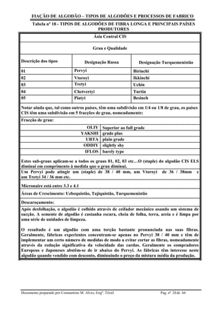 FIAÇÃO DE ALGODÃO – TIPOS DE ALGODÕES E PROCESSOS DE FABRICO
Documento preparado por Constantino M. Alves, Engº. Têxtil Pag. nº de 6628
Tabela nº 18 - TIPOS DE ALGODÕES DE FIBRA LONGA E PRINCIPAIS PAÍSES
PRODUTORES
Ásia Central CIS
Grau e Qualidade
Descrição dos tipos Designação Russa Designação Turquemenistão
01 Pervyi Birinchi
02 Vtoroyi Ikkinchi
03 Tretyi Uchin
04 Chetvertyi Turtin
05 Piatyi Besinch
Notar ainda que, tal como outros países, têm uma subdivisão em 1/4 ou 1/8 de grau, os países
CIS têm uma subdivisão em 5 fracções de grau, nomeadamente:
Fracção de grau:
OLIY Superior ao full grade
YAKSHI grade plus
URTA plain grade
ODDIY slightly shy
IFLOS barely type
Estes sub-graus aplicam-se a todos os graus 01, 02, 03 etc…O (staple) do algodão CIS ELS
diminui em comprimento à medida que o grau diminui.
Um Pervyi pode atingir um (staple) de 38 / 40 mm, um Vtoroyi de 36 / 38mm e
um Tretyi 34 / 36 mm etc.
Micronaire está entre 3.3 e 4.1
Áreas de Crescimento: Uzbequistão, Tajiquistão, Turquemenistão
Descaroçamento:
Após desfolhação, o algodão é colhido através de ceifador mecânico usando um sistema de
sucção. A semente de algodão é castanha escura, cheia de folha, terra, areia e é limpa por
uma série de unidades de limpeza.
O resultado é um algodão com uma torção bastante pronunciada nas suas fibras.
Geralmente, fábricas experientes concentram-se apenas no Pervyi 38 / 40 mm e têm de
implementar um certo número de medidas de modo a evitar cortar as fibras, nomeadamente
através da redução significativa da velocidade das cardas. Geralmente os compradores
Europeus e Japoneses abstêm-se de ir abaixo do Pervyi. As fábricas têm interesse neste
algodão quando vendido com desconto, diminuindo o preço da mistura média da produção.
 