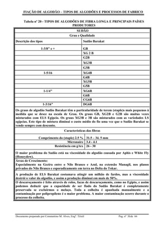 FIAÇÃO DE ALGODÃO – TIPOS DE ALGODÕES E PROCESSOS DE FABRICO
Documento preparado por Constantino M. Alves, Engº. Têxtil Pag. nº de 6630
Tabela nº 20 - TIPOS DE ALGODÕES DE FIBRA LONGA E PRINCIPAIS PAÍSES
PRODUTORES
SUDÃO
Grau e Qualidade
Descrição dos tipos Sudão Barakat
1-3/8" e + GB
XG 2 B
G2B
XG3B
G3B
1-5/16 XG4B
G4B
XG5B
G5B
1-1/4" XG6B
G6B
CG6B
1-3/16" DG6B
Os graus de algodão Sudão Barakat têm a particularidade de terem (staple)s mais pequenos à
medida que se desce na escala de Grau. Os graus GB, XG2B e G2B são muitas vezes
misturados com ELS Egípcio. Os graus XG3B e 3B são misturados com as variedades LS
egípcias. Este tipo de mistura diminui o custo médio do fio uma vez que o Sudão Barakat se
vende sempre com desconto.
Características das fibras
Comprimento do (staple) 2.5 % 31.5 – 34. 5 mm
Micronaire 3.4 - 4.1
Resistência em g/tex 26 - 30
O maior problema do Sudão está na viscosidade do algodão causada por Aphis e White Fly
(Honeydew).
Áreas de Crescimento:
Especialmente na Gezira entre o Nilo Branco e Azul, na extensão Managil, nos planos
privados do Nilo Branco e esporadicamente em terra no Delta do Tokar.
A produção de ELS Barakat costumava atingir um milhão de fardos, mas a viscosidade
destrói o valor do algodão, e assim a produção diminui em mais de 50%.
O descaroçamento é feito através de rolos, facas de descaroçamento, como no Egipto, e assim
podemos deduzir que a capacidade de ser fiado do Sudão Barakat é completamente
preservada se excluirmos o melaço. Toda a colheita é apanhada manualmente e a
contaminação por polipropileno é o maior problema. A maior contaminação ocorre durante o
processo da colheita.
 