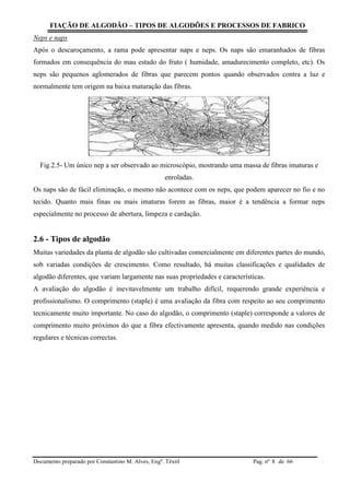 FIAÇÃO DE ALGODÃO – TIPOS DE ALGODÕES E PROCESSOS DE FABRICO
Documento preparado por Constantino M. Alves, Engº. Têxtil Pag. nº de 668
Neps e naps
Após o descaroçamento, a rama pode apresentar naps e neps. Os naps são emaranhados de fibras
formados em consequência do mau estado do fruto ( humidade, amadurecimento completo, etc). Os
neps são pequenos aglomerados de fibras que parecem pontos quando observados contra a luz e
normalmente tem origem na baixa maturação das fibras.
Fig.2.5- Um único nep a ser observado ao microscópio, mostrando uma massa de fibras imaturas e
enroladas.
Os naps são de fácil eliminação, o mesmo não acontece com os neps, que podem aparecer no fio e no
tecido. Quanto mais finas ou mais imaturas forem as fibras, maior é a tendência a formar neps
especialmente no processo de abertura, limpeza e cardação.
2.6 - Tipos de algodão
Muitas variedades da planta de algodão são cultivadas comercialmente em diferentes partes do mundo,
sob variadas condições de crescimento. Como resultado, há muitas classificações e qualidades de
algodão diferentes, que variam largamente nas suas propriedades e características.
A avaliação do algodão é inevitavelmente um trabalho difícil, requerendo grande experiência e
profissionalismo. O comprimento (staple) é uma avaliação da fibra com respeito ao seu comprimento
tecnicamente muito importante. No caso do algodão, o comprimento (staple) corresponde a valores de
comprimento muito próximos do que a fibra efectivamente apresenta, quando medido nas condições
regulares e técnicas correctas.
 