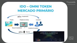IDO – OMNI TOKEN
MERCADO PRIMÁRIO
IDO
Projeto
Investimento
Plataforma Online Investidor
Retorno
Investe em projetos
Busca Investidores
 