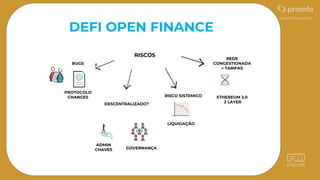DEFI OPEN FINANCE
RISCOS
BUGS
PROTOCOLO
CHANGES
DESCENTRALIZADO?
REDE
CONGESTIONADA
> TARIFAS
ETHEREUM 2.0
2 LAYER
RISCO SISTEMICO
LIQUIDAÇÃO
GOVERNANÇA
ADMIN
CHAVES
 