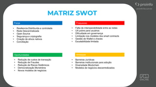 MATRIZ SWOT
• Resiliencia Distribuída e controlada
• Rede Descentralizada
• Open Source
• Segurança e criptografia
• Criação de ativos nativos
• Conciliação
• Falta de interoperabilidade entre as redes
• UX pobre para usuários
• Dificuldade em governança
• Limitação nos modelos dos smart contracts
• Gestão de Wallet e chaves
• Escalabilidade limitada
• Redução de custos de transação
• Redução de Fraudes
• Redução de Riscos Sistêmicos
• Democratização Monetrária
• Novos modelos de negócios
• Barreiras Jurídicas
• Barreiras institucionais para adoção
• Diversidade Blockchain
• Modelos de negócios descentralizados
Força Fraquezas
Ameaças
Oportunidades
 