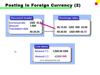 Posting in Foreign Currency (2)


  Document header
  Document header                           Exchange rates
                                            Exchange rates
 Currency/rate    USD 43.5
 Amount           1,000
                                         08.15.05 USD INR 43.60
 Translation date
                  09.30.05               09.30.05   USD INR 43.50




                     Line items
                     Line items
     24             Amount FC:       1,000.00 USD

                     Amount LC:        43500 INR
                        www.indiantaxhome.com
 