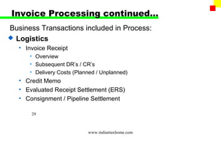Invoice Processing continued…
Business Transactions included in Process:
 Logistics
   • Invoice Receipt
      • Overview
      • Subsequent DR’s / CR’s
      • Delivery Costs (Planned / Unplanned)
   • Credit Memo
   • Evaluated Receipt Settlement (ERS)
   • Consignment / Pipeline Settlement

       29



                            www.indiantaxhome.com
 