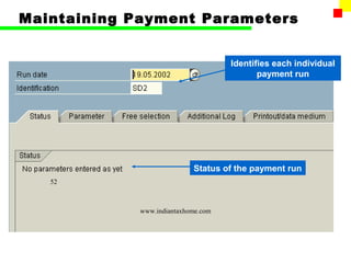 Maintaining Payment Parameters


                                     Identifies each individual
                                            payment run




                            Status of the payment run
   52



             www.indiantaxhome.com
 