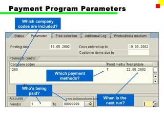 Payment Program Parameters
    Which company
  codes are included?




                   Which payment
                     methods?
    53
   Who’s being
     paid?
                        www.indiantaxhome.com   When is the
                                                 next run?
 
