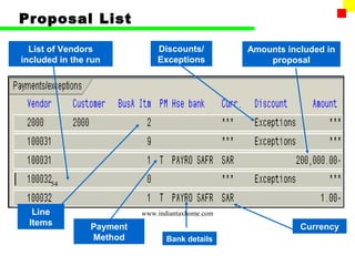 Proposal List

  List of Vendors             Discounts/          Amounts included in
included in the run           Exceptions              proposal




       54



   Line                   www.indiantaxhome.com
  Items         Payment                                      Currency
                Method           Bank details
 