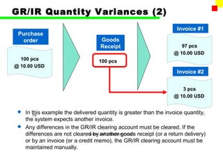 GR/IR Quantity Variances (2)
                                                                   Invoice #1
 Purchase
  order                            Goods
                                   Receipt                          97 pcs
                                                                 @ 10.00 USD
  100 pcs                         100 pcs
@ 10.00 USD
                                                                   Invoice #2


                                                                    3 pcs
                                                                 @ 10.00 USD


  In this example the delivered quantity is greater than the invoice quantity,
      79
   the system expects another invoice.
  Any differences in the GR/IR clearing account must be cleared. If the
   differences are not cleared by another goods receipt (or a return delivery)
                              www.indiantaxhome.com
   or by an invoice (or a credit memo), the GR/IR clearing account must be
   maintained manually.
 