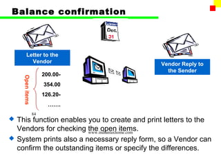 Balance confirmation



         Letter to the
           Vendor                               Vendor Reply to
                                                  the Sender
                        200.00-
      Open items




                        354.00
                        126.20-
                          …….
                   84
   This function enables you to create and print letters to the
    Vendors for checking the open items.
                          www.indiantaxhome.com
   System prints also a necessary reply form, so a Vendor can
    confirm the outstanding items or specify the differences.
 