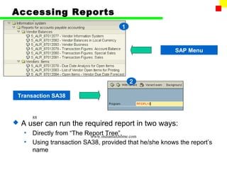 Accessing Reports
                                     1



                                                        SAP Menu




                                         2

Transaction SA38


       88
   A user can run the required report in two ways:
    • Directly from “The Report Tree”,
                          www.indiantaxhome.com
    • Using transaction SA38, provided that he/she knows the report’s
      name
 