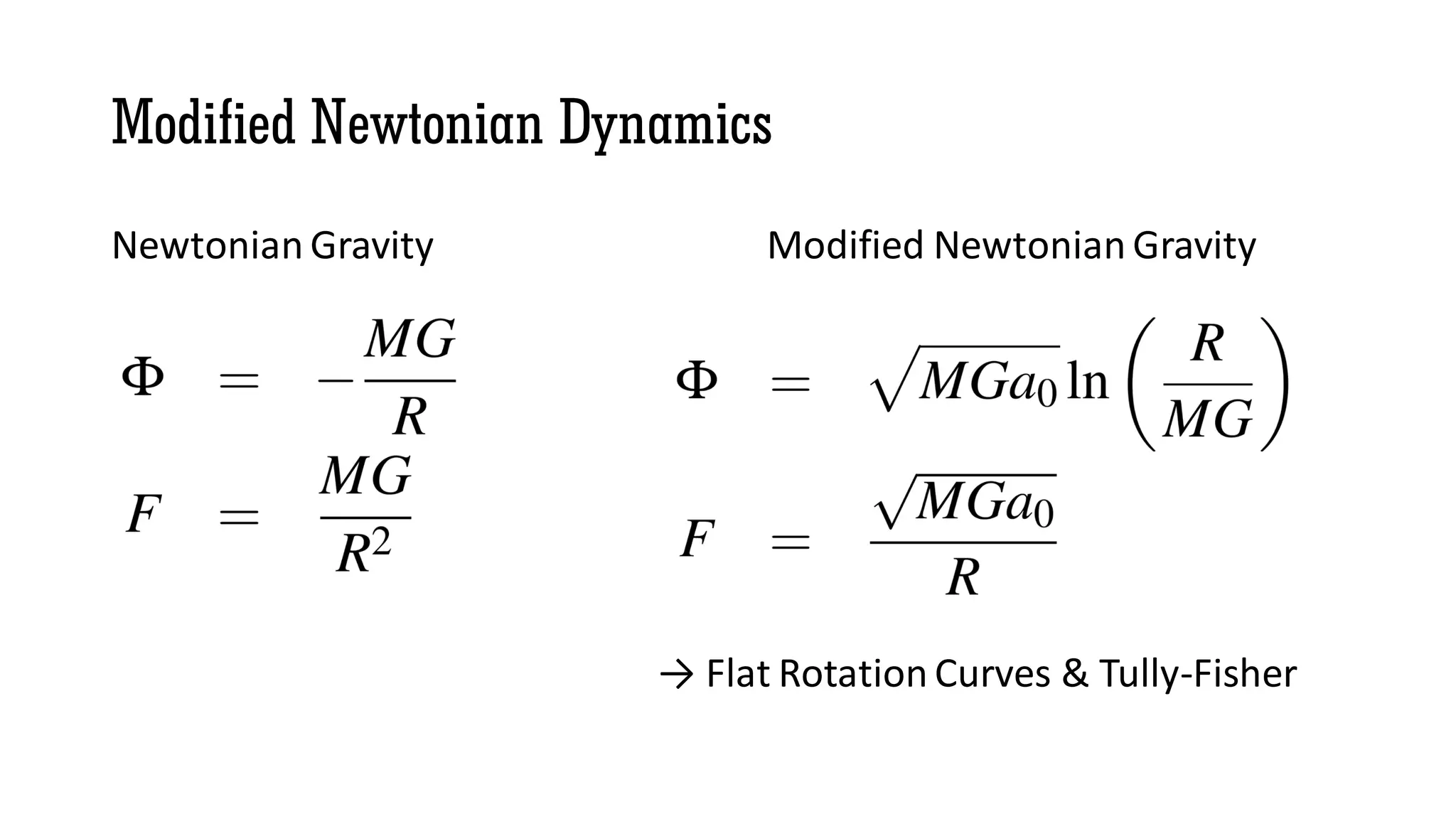 Modified Newtonian Dynamics
Newtonian Gravity Modified Newtonian Gravity
→ Flat Rotation Curves & Tully-Fisher
 