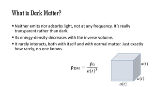 What is Dark Matter?
 Neither emits nor adsorbs light, not at any frequency. It’s really
transparent rather than dark.
 Its energy-density decreases with the inverse volume.
 It rarely interacts, both with itself and with normal matter. Just exactly
how rarely, no one knows.
 