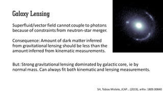 Galaxy Lensing
Superfluid/vector field cannot couple to photons
because of constraints from neutron-star merger.
Consequence: Amount of dark matter inferred
from gravitational lensing should be less than the
amount inferred from kinematic measurements.
But: Strong gravitational lensing dominated by galactic core, ie by
normal mass. Can always fit both kinematicand lensing measurements.
SH, Tobias Mistele, JCAP… (2019), arXiv: 1809.00840
 