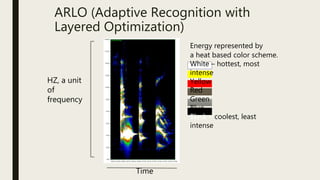 ARLO (Adaptive Recognition with
Layered Optimization)
HZ, a unit
of
frequency
Time
a heat based color scheme.
White – hottest, most
intense
Yellow
Red
Green
Blue
Black – coolest, least
intense
Energy represented by
 