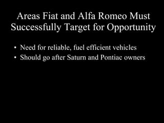 Areas Fiat and Alfa Romeo Must Successfully Target for Opportunity Need for reliable, fuel efficient vehicles Should go after Saturn and Pontiac owners