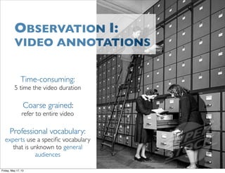 Time-consuming:
5 time the video duration
Coarse grained:
refer to entire video
Professional vocabulary:
experts use a spe...