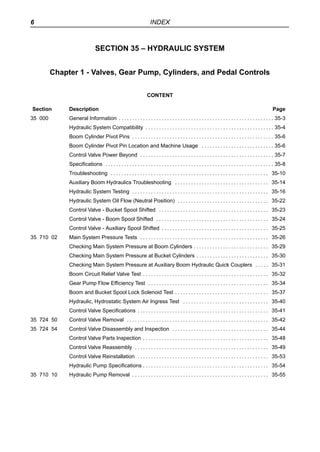 6 INDEX
SECTION 35 – HYDRAULIC SYSTEM
Chapter 1 - Valves, Gear Pump, Cylinders, and Pedal Controls
CONTENT
Section Descrip...