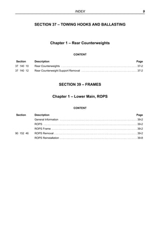 INDEX 9
SECTION 37 – TOWING HOOKS AND BALLASTING
Chapter 1 – Rear Counterweights
CONTENT
Section Description Page
37 140 1...