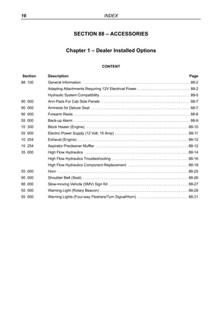 16 INDEX
SECTION 88 – ACCESSORIES
Chapter 1 – Dealer Installed Options
CONTENT
Section Description Page
88 100 General Inf...