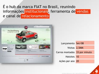 LançamentoVisitasCarrosmontadosHotsitesAçõesporanoSet/082,5MM33 porminuto1020É o hub da marca FIAT no Brasil, reunindo informações institucionais, ferramenta de vendas e canal de relacionamento