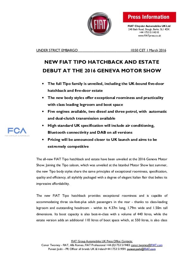 Fiat Tipo Estate Hatchback Press Release