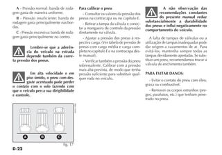 D-22
A - Pressão normal: banda de roda-
gem gasta de maneira uniforme.
B - Pressão insuficiente: banda de
rodagem gasta principalmente nas bor-
das.
C - Pressão excessiva: banda de roda-
gem gasta principalmente no centro.
Lembre-se que a aderên-
cia do veículo na estrada
depende também da corre-
ta pressão dos pneus.
Em alta velocidade e em
piso úmido, o pneu com des-
gaste acentuado pode perder
o contato com o solo fazendo com
que o veículo perca sua dirigibilidade
e controle.
A B C
fig. 17
4EN0170BR
Para calibrar o pneu
- Consultar os valores da pressão dos
pneus na contracapa ou no capítulo E.
- Retirar a tampa da válvula e conec-
tar a mangueira de controle da pressão
diretamente na válvula.
- Ajustar a pressão dos pneus à res-
pectiva carga. (Ver tabela de pressão de
pneus com carga média e carga com-
pleta no capítulo E e na contracapa des-
te manual).
- Verificar também a pressão do pneu
sobressalente. Calibrar com a pressão
mais alta prevista, de modo que tenha
pressão suficiente para substituir qual-
quer roda no veículo.
A não observação das
recomendações constantes
do presente manual reduz
substancialmente a durabilidade
dos pneus e influi negativamente no
comportamento do veículo.
A falta de tampas de válvulas ou a
utilização de tampas inadequadas pode
dar origem a vazamentos de ar. Para
evitá-los, mantenha sempre todas as
tampas devidamente apertadas. Se subs-
tituir um pneu, recomendamos trocar a
válvula de enchimento também.
PARA EVITAR DANOS:
- Evitar o contato do pneu com óleo,
graxa ou combustível.
- Remover os corpos estranhos (pre-
gos, parafusos, etc.) que tenham pene-
trado no pneu.
 