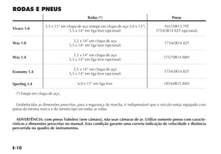 E-10
RODAS E PNEUS
Rodas (*) Pneus
Vivace 1.0
5,5 x 13” em chapa de aço (estepe em chapa de aço 5,0 x 13”)
5,5 x 14” em liga leve (opcional)
165/70R13 79T
175/65R14 82T (opcional)
Way 1.0
5,5 x 14” em chapa de aço
5,5 x 14” em liga leve (opcional)
175/65R14 82T
Way 1.4
5,5 x 14” em chapa de aço
5,5 x 14” em liga leve (opcional)
175/70R14 88H
Economy 1.4
5,5 x 14” em chapa de aço
5,5 x 14” em liga leve (opcional)
175/65R14 82T
Sporting 1.4 6,0 x 15” em liga leve 185/60R15 84H
(*) Estepe em chapa de aço.
Estabelecidas as dimensões prescritas, para a segurança da marcha, é indispensável que o veículo esteja equipado com
pneus da mesma marca e do mesmo tipo em todas as rodas.
ADVERTÊNCIA: com pneus Tubeless (sem câmara), não usar câmaras de ar. Utilize somente pneus com caracte-
rísticas e dimensões prescritas no manual. Esta condição garante uma correta indicação de velocidade e distância
percorrida no quadro de instrumentos.
 