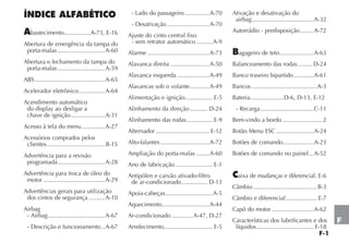 F-1
F
ÍNDICE ALFABÉTICO
Abastecimento................A-73, E-16
Abertura de emergência da tampa do
porta-malas .............................A-60
Abertura e fechamento da tampa do
porta-malas .............................A-59
ABS ...........................................A-65
Acelerador eletrônico................A-64
Acendimento automático
do display ao desligar a
chave de ignição.....................A-31
Acesso à tela do menu ..............A-27
Acessórios comprados pelos
clientes....................................B-15
Advertência para a revisão
programada.............................A-28
Advertência para troca de óleo do
motor ......................................A-29
Advertências gerais para utilização
dos cintos de segurança ..........A-10
Airbag
- Airbag...................................A-67
- Descrição e funcionamento ..A-67
- Lado do passageiro ...............A-70
- Desativação ..........................A-70
Ajuste do cinto central fixo
- sem retrator automático ..........A-9
Alarme ......................................A-73
Alavanca direita ........................A-50
Alavanca esquerda....................A-49
Alavancas sob o volante............A-49
Alimentação e ignição................. E-5
Alinhamento da direção........... D-24
Alinhamento das rodas................ E-9
Alternador ................................. E-12
Alto-falantes ..............................A-72
Ampliação do porta-malas ........A-60
Ano de fabricação....................... E-1
Antipólen e carvão ativado-filtro
de ar-condicionado................ D-13
Apoia-cabeças.............................A-5
Aquecimento.............................A-44
Ar-condicionado .............A-47, D-27
Arrefecimento.............................. E-5
Ativação e desativação do
airbag......................................A-32
Autorrádio - predisposição ........A-72
Bagageiro de teto.....................A-63
Balanceamento das rodas......... D-24
Banco traseiro bipartido ............A-61
Bancos ........................................A-3
Bateria.....................D-6, D-13, E-12
- Recarga.................................C-11
Bem-vindo a bordo ........................ 2
Botão Menu ESC .......................A-24
Botões de comando...................A-23
Botões de comando no painel...A-52
Caixa de mudanças e diferencial. E-6
Câmbio .......................................B-3
Câmbio e diferencial................... E-7
Capô do motor..........................A-62
Características dos lubrificantes e dos
líquidos................................... E-18
 