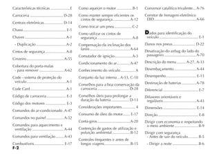F-2
Características técnicas ...................E
Carroceria ................................ D-28
Centrais eletrônicas.................. D-14
Chassi.......................................... E-1
Chaves ........................................A-1
- Duplicação .............................A-2
Cintos de segurança ....................A-8
Cinzeiro ....................................A-55
Cobertura do porta-malas
- para remover ........................A-62
Code - sistema de proteção do
veículo......................................A-1
Code Card...................................A-1
Código de carroceria................... E-3
Código dos motores .................... E-3
Comandos do ar-condicionado .A-47
Comandos no painel .................A-52
Comandos para aquecimento e
ventilação ...............................A-44
Comandos para ventilação........A-43
Combustíveis............................. E-17
Como aquecer o motor ...............B-1
Como manter sempre eficientes os
cintos de segurança.................A-12
Como trocar um pneu.................C-2
Como utilizar os cintos de
segurança..................................A-8
Compensação da inclinação dos
faróis.......................................A-64
Comutador de ignição.................A-3
Condicionamento do ar.............A-47
Conhecimento do veículo ..............A
Conjunto da luz interna .. A-53, C-10
Conselhos para a boa conservação da
carroceria............................... D-28
Conselhos úteis para prolongar a
duração da bateria ................. D-13
Considerações importantes............. 4
Consumo de óleo do motor....... E-17
Conta-giros................................A-20
Contenção de gastos de utilização e
poluição ambiental .................B-12
Controles frequentes e antes de
longas viagens.........................B-15
Conversor catalítico trivalente...A-76
Corretor de frenagem eletrônico
EBD.........................................A-66
Dados para identificação do
veículo...................................... E-1
Danos nos pneus...................... D-22
Desativação do airbag do lado do
passageiro ...............................A-70
Descrição do menu......... A-27, A-33
Desembaçamento......................A-44
Desempenho............................. E-13
Destinação de baterias ..............A-78
Diferencial .................................. E-7
Difusores orientáveis e
reguláveis................................A-43
Dimensões ................................ E-14
Direção ....................................... E-8
Dirigir com economia e respeitando
o meio ambiente.......................B-9
Dirigir com segurança
- Antes de sair do veículo..........B-5
- Dirigir a noite .........................B-6
 