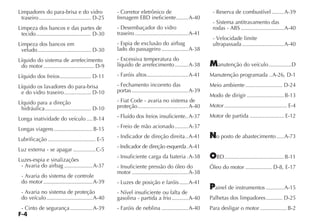 F-4
Limpadores do para-brisa e do vidro
traseiro................................... D-25
Limpeza dos bancos e das partes de
tecido..................................... D-30
Limpeza dos bancos em
veludo.................................... D-30
Líquido do sistema de arrefecimento
do motor .................................. D-9
Líquido dos freios..................... D-11
Líquido os lavadores do para-brisa
e do vidro traseiro.................. D-10
Líquido para a direção
hidráulica............................... D-10
Longa inatividade do veículo ....B-14
Longas viagens..........................B-15
Lubrificação ................................ E-5
Luz externa - se apagar ...............C-5
Luzes-espia e sinalizações
- Avaria do airbag ...................A-37
- Avaria do sistema de controle
do motor .................................A-39
- Avaria no sistema de proteção
do veículo...............................A-40
- Cinto de segurança ...............A-39
- Corretor eletrônico de
frenagem EBD ineficiente........A-40
- Desembaçador do vidro
traseiro....................................A-41
- Espia de exclusão do airbag
lado do passageiro ..................A-38
- Excessiva temperatura do
líquido de arrefecimento.........A-38
- Faróis altos............................A-41
- Fechamento incorreto das
portas......................................A-39
- Fiat Code - avaria no sistema de
proteção..................................A-40
- Fluído dos freios insuficiente..A-37
- Freio de mão acionado.........A-37
- Indicador de direção direita..A-41
- Indicador de direção esquerda.A-41
- Insuficiente carga da bateria .A-38
- Insuficiente pressão do óleo do
motor ......................................A-38
- Luzes de posição e faróis......A-41
- Nível insuficiente ou falta de
gasolina - partida a frio ...........A-40
- Faróis de neblina ..................A-40
- Reserva de combustível ........A-39
- Sistema antitravamento das
rodas - ABS .............................A-40
- Velocidade limite
ultrapassada ............................A-40
Manutenção do veículo ...............D
Manutenção programada ..A-26, D-1
Meio ambiente......................... D-24
Modo de dirigir .........................B-13
Motor .......................................... E-4
Motor de partida ....................... E-12
No posto de abastecimento .....A-73
OBD........................................B-11
Óleo do motor .................. D-8, E-17
Painel de instrumentos ............A-15
Palhetas dos limpadores........... D-25
Para desligar o motor ..................B-2
 