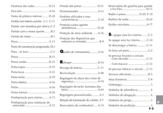 F-5
F
Parafusos das rodas .................. D-23
Para-sóis....................................A-56
Partes de plástico internas........ D-30
Partida com bateria auxiliar . C-1, C-11
Partida com manobras por inércia.C-2
Partida com o motor quente........B-2
Partida do motor .........................B-1
Pesos......................................... E-15
Plano de manutenção programada.D-2
Pneu - se furar.............................C-2
Pneus ........................................B-12
Pneus verdes ............................ D-25
Porta-copos ...............................A-55
Porta-luvas ................................A-53
Porta-malas ...............................A-59
Porta-objetos .............................A-56
Portas ........................................A-56
Portas laterais............................A-56
Predisposição para alarme.........A-73
Predisposição para instalação do
autorrádio ...............................A-72
Pressão dos pneus .................... D-21
Pré-tensionador .........................A-13
Produtos utilizados e suas
características.......................... E-18
Proteção contra agentes
atmosféricos........................... D-28
Proteção do meio ambiente ......A-76
Proteção dos dispositivos que
reduzem as emissões.................B-9
Quadro de instrumentos..........A-16
Reboque..................................B-16
Recarga da bateria.....................C-11
Recirculação .............................A-48
Regulagem da altura dos cintos de
segurança................................A-10
Regulagem do facho luminoso dos
faróis.......................................A-64
Regulagens personalizadas..........A-3
Relação de transmissão do câmbio. E-7
Reservatório de combustível......A-74
Reservatório de gasolina para partida
a frio Flex............................... D-11
Rodas e pneus................. D-20, E-10
Rodízio de rodas ...................... D-24
Ruídos veiculares ......................A-77
Se apagar uma luz externa.........C-5
Se apagar uma luz interna.........C-10
Se descarregar a bateria ............C-11
Se furar um pneu.........................C-2
Se precisar levantar o veículo
- Com elevador .......................C-12
- Com macaco ........................C-12
Se precisar rebocar o veículo ....C-13
Serviços adicionais..................... D-5
Setas dianteiras............................C-8
Simbologia ..................................... 5
Símbolos de advertência ................ 6
Símbolos de obrigação................... 6
Símbolos de perigo......................... 5
Símbolos de proibição.................... 5
 