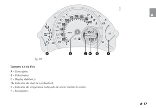 A-17
A
Economy 1.4 8V Flex
A - Conta-giros.
B - Velocímetro.
C - $ISPLAY ELETRÙNICO
D- Indicador de nível de combustível.
E - Indicador de temperatura do líquido de arrefecimento do motor.
F - Econômetro.
Y K
-
´
( x
U
w
v
è

5
3
1 F

¬
u
Δ Δ
K
GASOLINA
B
A C E
D F
fig. 28
NU208
 