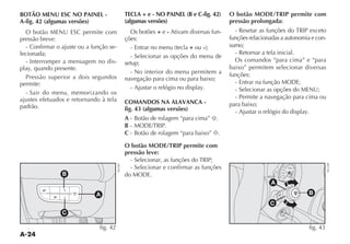 A-24
BOTÃO MENU ESC NO PAINEL -
A-fig. 42 (algumas versões)
O botão MENU ESC permite com
pressão breve:
- Confirmar o ajuste ou a função se-
lecionada;
- Interromper a mensagem no dis-
PLAY QUANDO PRESENTE
Pressão superior a dois segundos
permite:
- Sair do menu, memorizando os
ajustes efetuados e retornando à tela
padrão.
TECLA + e - NO PAINEL (B e C-fig. 42)
(algumas versões)
Os botões + e - Ativam diversas fun-
ções:
%NTRAR NO MENU TECLA + ou - 
- Selecionar as opções do menu de
setup;
- No interior do menu permitem a
navegação para cima ou para baixo;
!JUSTAR O RELØGIO NO DISPLAY
COMANDOS NA ALAVANCA -
fig. 43 (algumas versões)
A OTÎO DE ROLAGEM hPARA CIMAv .
B -/$%42)0
C OTÎO DE ROLAGEM hPARA BAIXOv .
O botão MODE/TRIP permite com
pressão leve:
3ELECIONAR AS FUN ÜES DO 42)0
- Selecionar e confirmar as funções
DO -/$%
O botão MODE/TRIP permite com
pressão prolongada:
2ESETAR AS FUN ÜES DO 42)0 EXCETO
funções relacionadas a autonomia e con-
sumo;
- Retornar a tela inicial.
Os comandos “para cima” e “para
baixo” permitem selecionar diversas
funções:
%NTRAR NA FUN ÎO -/$%
- Selecionar as opções do MENU;
- Permite a navegação para cima ou
para baixo;
!JUSTAR O RELØGIO DO DISPLAY
Y K
( x
U
w
v
è

5
MODE
TRIP B
A
C
fig. 43
NU200
5
(
MENU
ESC
+
_ A
B
C
fig. 42
NU041
 