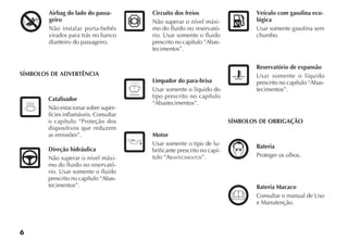 6
Airbag do lado do passa-
geiro
Não instalar porta-bebês
virados para trás no banco
dianteiro do passageiro.
SÍMBOLOS DE ADVERTÊNCIA
Catalisador
Não estacionar sobre super-
fícies inflamáveis. Consultar
o capítulo “Proteção dos
dispositivos que reduzem
as emissões”.
Direção hidráulica
Não superar o nível máxi-
mo do fluido no reservató-
rio. Usar somente o fluido
prescrito no capítulo “Abas-
tecimentos”.
Circuito dos freios
Não superar o nível máxi-
mo do fluido no reservató-
rio. Usar somente o fluido
prescrito no capítulo “Abas-
tecimentos”.
Limpador do para-brisa
Usar somente o líquido do
tipo prescrito no capítulo
“Abastecimentos”.
Motor
Usar somente o tipo de lu-
brificante prescrito no capí-
tulo “ABASTECIMENTOS”.
Veículo com gasolina eco-
lógica
Usar somente gasolina sem
chumbo.
Reservatório de expansão
Usar somente o líquido
prescrito no capítulo “Abas-
tecimentos”.
SÍMBOLOS DE OBRIGAÇÃO
Bateria
Proteger os olhos.
Bateria Macaco
Consultar o manual de Uso
e Manutenção.
A I R B A G
 