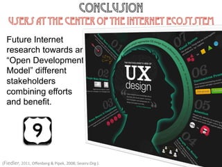 (Fiedler,	
  2011,	
  Oﬀenberg	
  &	
  Pipek,	
  2008;	
  Seserv.Org	
  ).	
  	
  
Future Internet
research towards an
“Open Development
Model” different
stakeholders
combining efforts
and benefit.
conclusion
Users at the center of the Internet Ecosystem
 