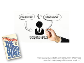 “individual	
  playing	
  both	
  roles	
  consumers	
  of	
  services	
  
as	
  well	
  as	
  creators	
  of	
  added	
  value	
  services”.	
  
 