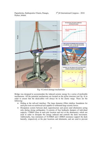 Papanikolas, Stathopoulos-Vlamis, Panagis, 3rd
fib International Congress – 2010
Pecker, Infanti
3
Fig. 4 Control damage mechanisms
Bridge was designed to accommodate the induced seismic energy by a series of preferable
mechanisms. All the potential mechanisms are located on the pylon structure (see fig. 4) in
order to ensure that the deck/cables will always be in the elastic range. These are the
following:
• Sliding at the raft-soil interface. The large diameter (90m) shallow foundation for
each pier rests on reinforced soil capable to withstand large seismic forces.
• Dissipation system between deck superstructure and pylon (and abutments) acting
only during strong earthquakes. It consists of four hydraulic dampers of individual
capacity 3.500kN (four at each pier location and two at the abutments), which are
used in order to dissipate the energy induced and controls the deck movement.
Additionally, fuse restrainers of 10.500kN and 3.400kN resistance support the deck
laterally, respectively at the pier locations and abutments, and are used to prevent
 